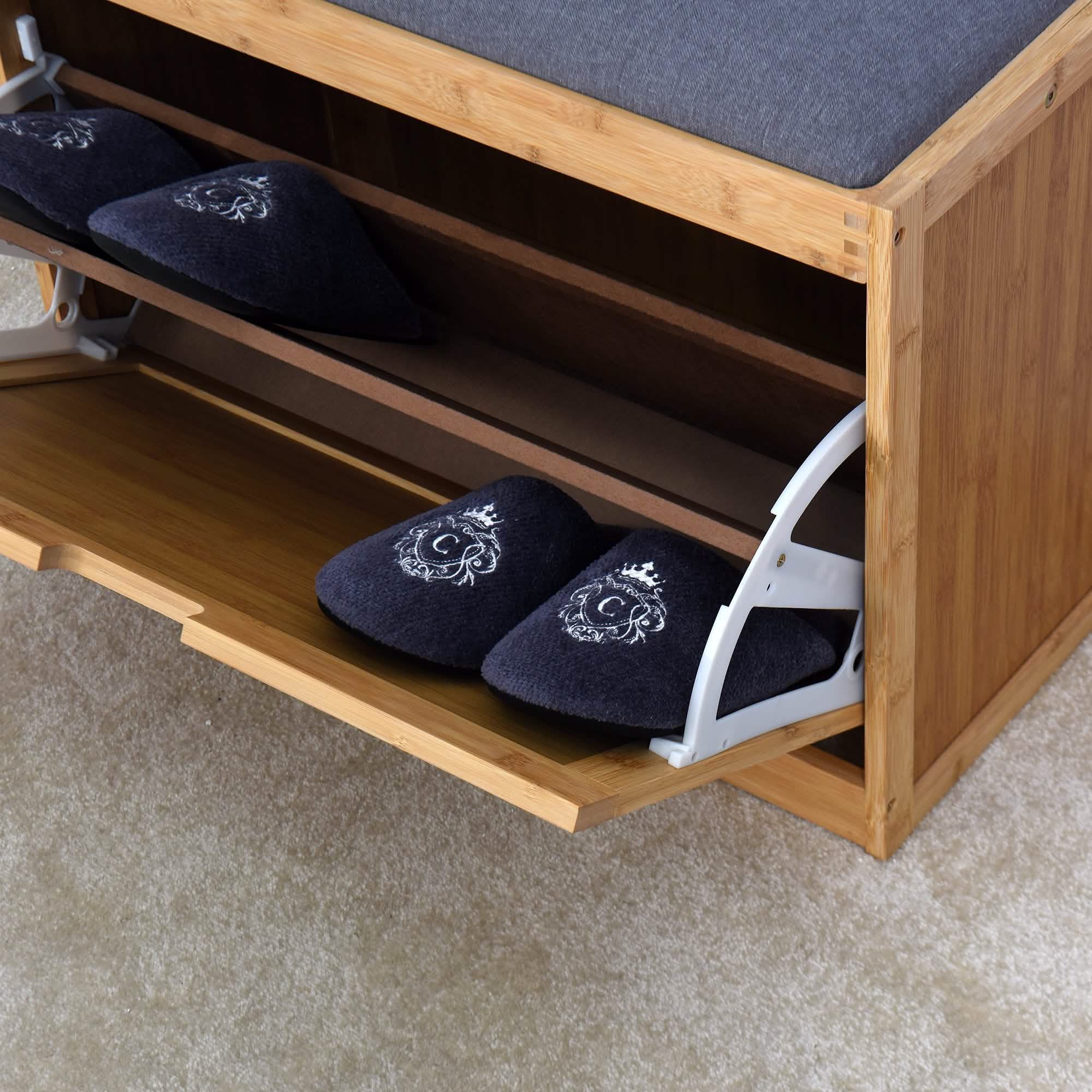 Bamboo Entryway Bench with Foldable Shoe Rack Shelf