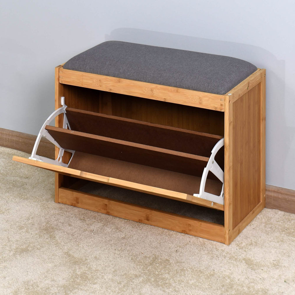 Bamboo Entryway Bench with Foldable Shoe Rack Shelf