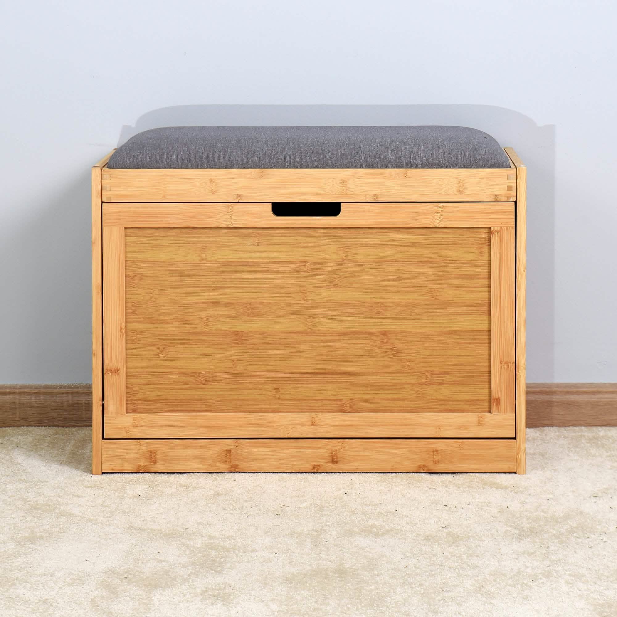 Bamboo Entryway Bench with Foldable Shoe Rack Shelf