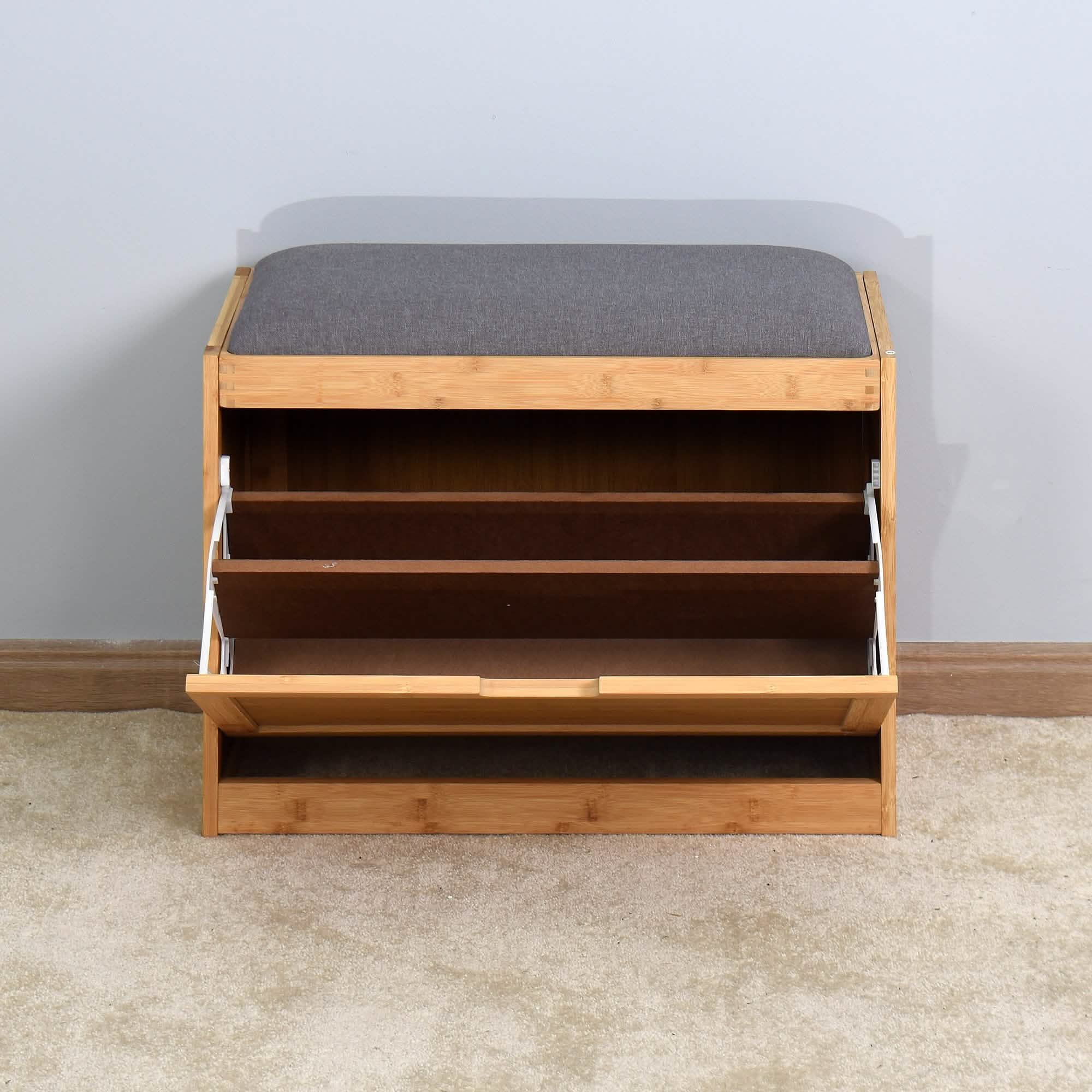 Bamboo Entryway Bench with Foldable Shoe Rack Shelf