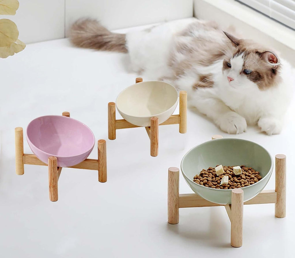 Elevated Ceramic Cat Bowl with Wooden Stand — Anti-Slip